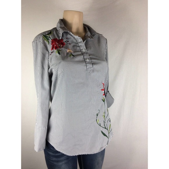 Womens Kontrol Striped Flower Embroidered Shirt Blouse Tunic Top Size Medium - Picture 8 of 9